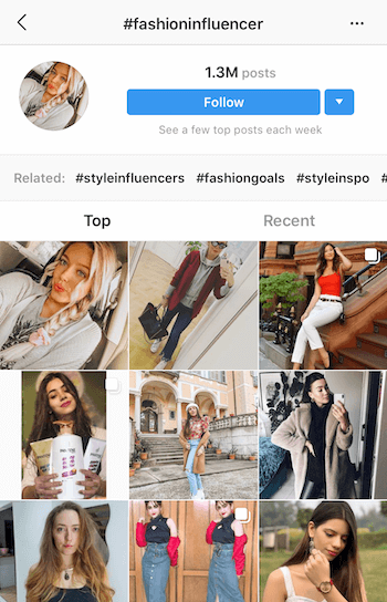 Pesquisa de hashtag do Instagram para possíveis influenciadores para fazer parceria