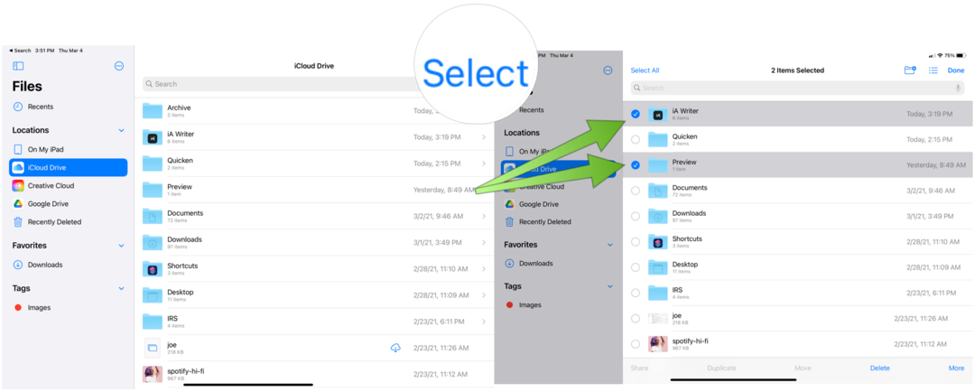 iPad selecione os arquivos para compactar