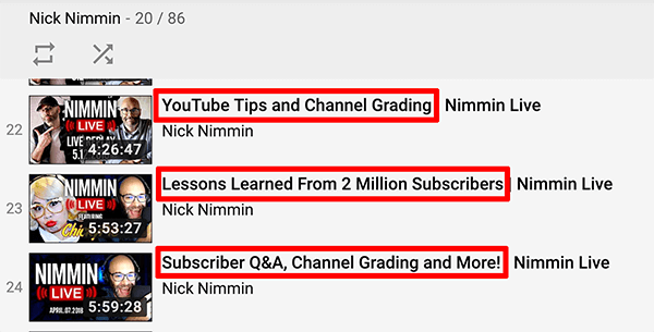 Esta é uma captura de tela dos títulos de vídeo ao vivo do YouTube do canal Nick Nimmin.
