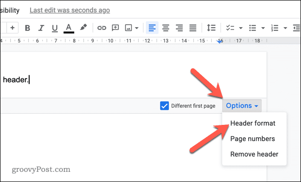 Abra o menu de opções de formato de cabeçalho no Google Docs