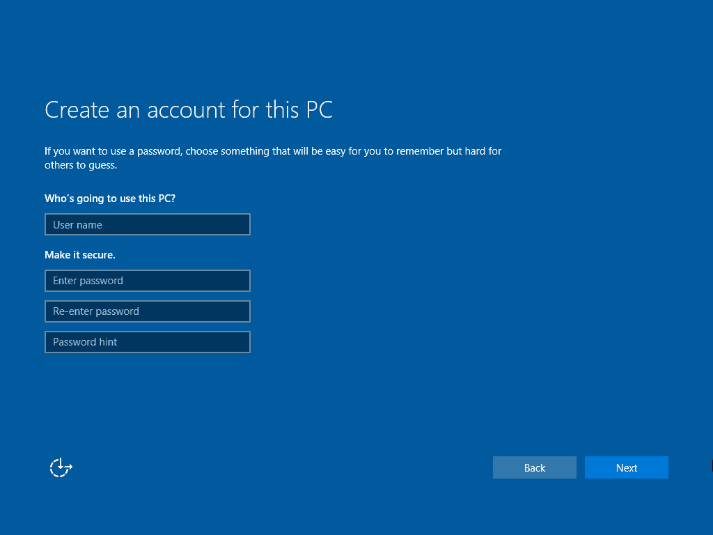 15 Tela de nova conta Instalação limpa do Windows 10