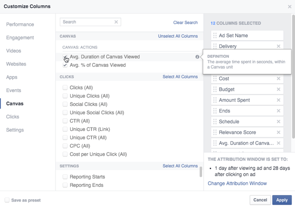 opções métricas de tela do facebook