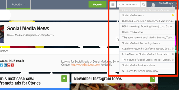 Exemplos de feeds de conteúdo de 'notícias de mídia social' no Scoop.it.