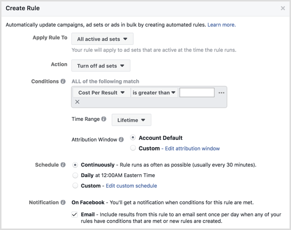 Janela de configuração de regras automatizadas do Facebook