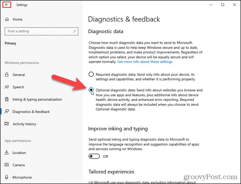 Ative os dados de diagnóstico opcionais do Windows 10
