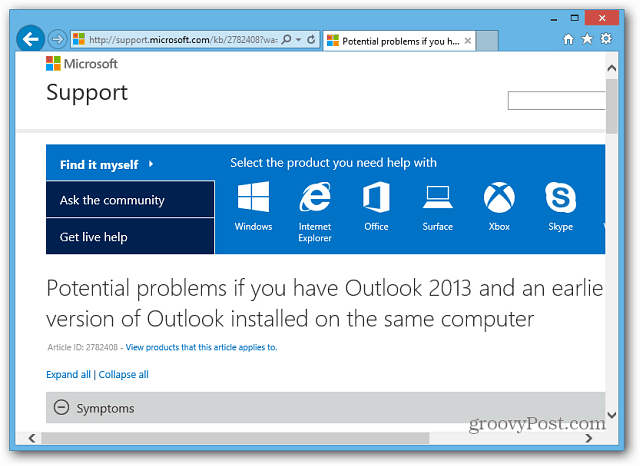 Página de suporte da Microsoft