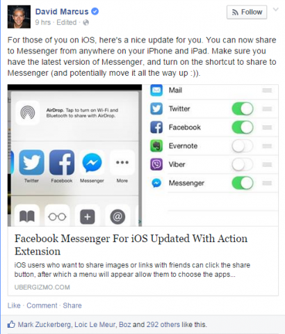 "Os usuários do Facebook Messenger com iPhones ou iPads agora podem compartilhar fotos ou links diretamente para o aplicativo após uma atualização do aplicativo iOS."