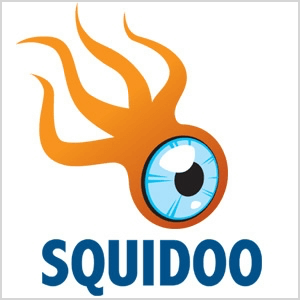 Esta é uma captura de tela do logotipo do Squidoo, que é uma criatura laranja com quatro tentáculos e um grande globo ocular azul.