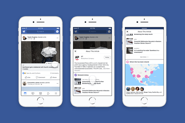 O Facebook compartilha mais contexto em torno de artigos e editores compartilhados no Feed de notícias.
