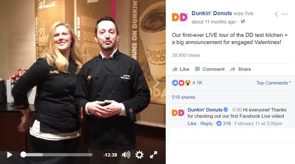 O Dunkin Donuts usa o vídeo do Facebook Live para levar os fãs aos bastidores.