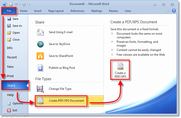 salvar um documento usando uma opção de compartilhamento de pdf no office 2010