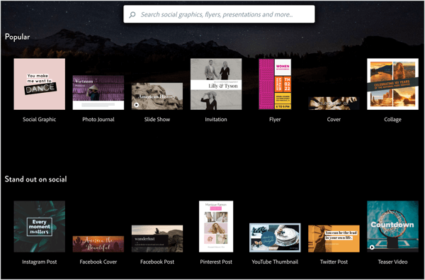 O Adobe Spark oferece uma variedade de modelos para personalizar para suas imagens de mídia social.