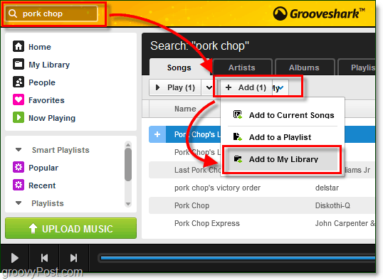 adicione músicas pesquisadas à sua biblioteca de músicas do Grooveshark