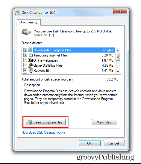 atualização do windows 7 excluir arquivos antigos botão de limpeza de disco