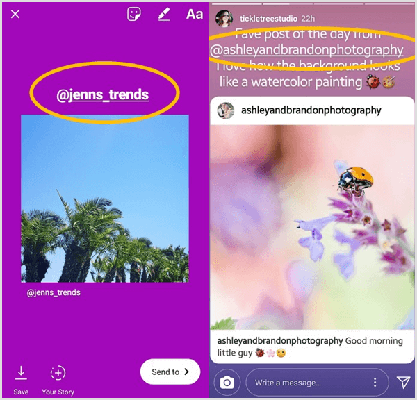 Adicione uma caixa de texto que lista o usuário original e marque-o em uma postagem compartilhada no Instagram.
