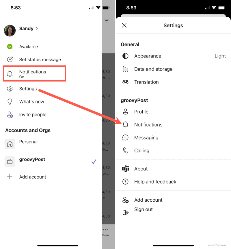 Configurações, notificações no aplicativo Microsoft Teams Mobile
