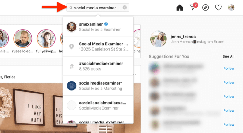 captura de tela do desktop mostrando uma pesquisa por uma conta do instagram usando termos de pesquisa do examinador de mídia social