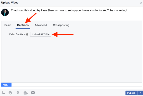 As páginas de negócios do Facebook podem adicionar arquivos SRT a vídeos nativos.