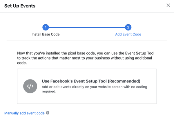 Caixa de diálogo Configurar eventos com opção para usar a ferramenta de configuração de eventos do Facebook