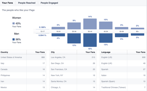 dados demográficos de fãs do Facebook