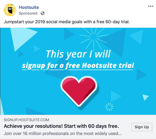 Técnicas de anúncios do Facebook que fornecem resultados, por exemplo, da Hootsuite oferecendo teste gratuito