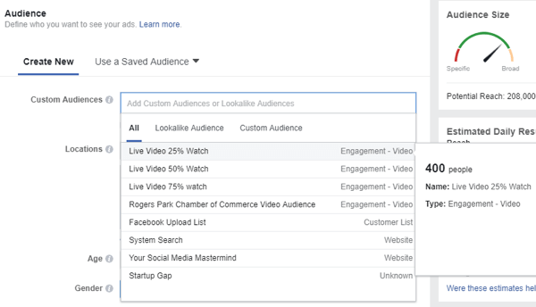 Ao selecionar um público para seu anúncio no Facebook, certifique-se de selecionar o público personalizado de pessoas que assistiram aos seus vídeos ao vivo.