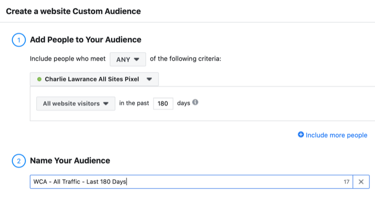 configurar o público-alvo personalizado do site do Facebook de todos os visitantes do site nos últimos 180 dias
