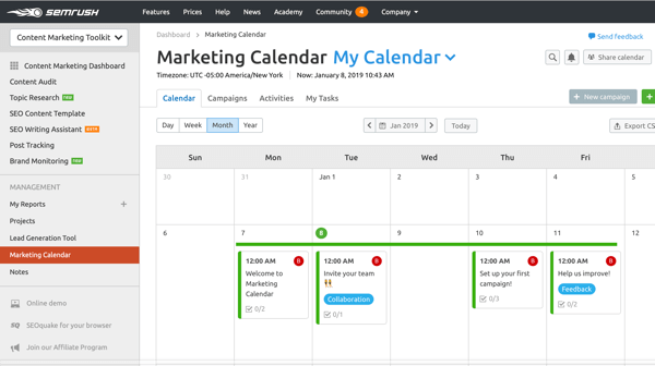 Exemplo de um calendário de marketing SEMrush.