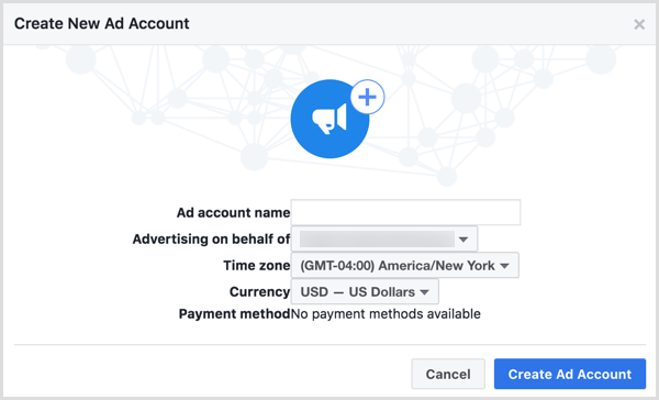 Use o nome da sua empresa quando solicitado a nomear sua nova conta de anúncio do Facebook.