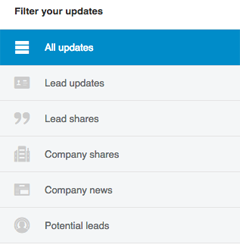 Filtros de atualização de leads de navegador de vendas do LinkedIn
