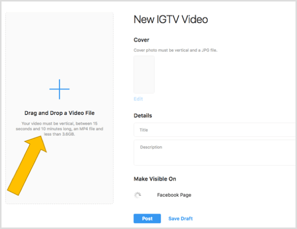 Arraste e solte um arquivo para carregar um vídeo IGTV no desktop.