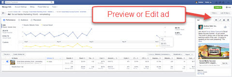 Facebook Ads Manager visualizar ou editar recurso de anúncio