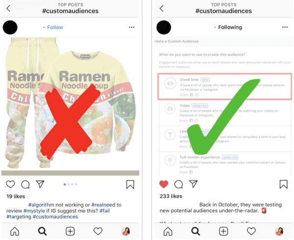 Como desenvolver estrategicamente o seu Instagram seguindo, passo 12, encontrar exemplos de postagens relevantes, exemplos de postagens boas e ruins