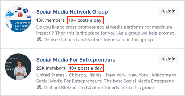 exemplos de número de postagens por dia para o grupo do Facebook