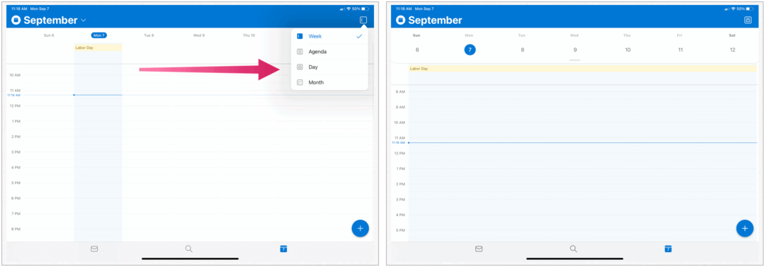 Microsoft Outlook no iPad, visualização do calendário