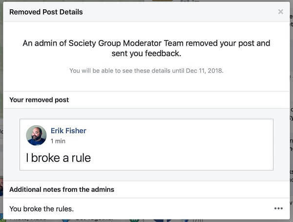 Parece que os Grupos do Facebook estão dando aos administradores a opção de compartilhar o motivo pelo qual uma postagem foi removida para a pessoa que a postou.