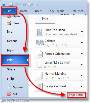 Captura de tela do Micosoft Word 2010 selecione o arquivo> menu imprimir no pano de fundo e clique em configuração da página no word 2010