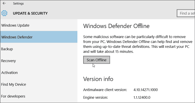 Windows 10 Defender para permitir a verificação offline de malware