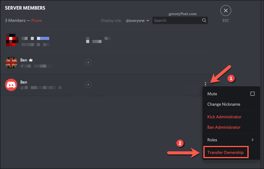 Opção de transferência de propriedade do Discord