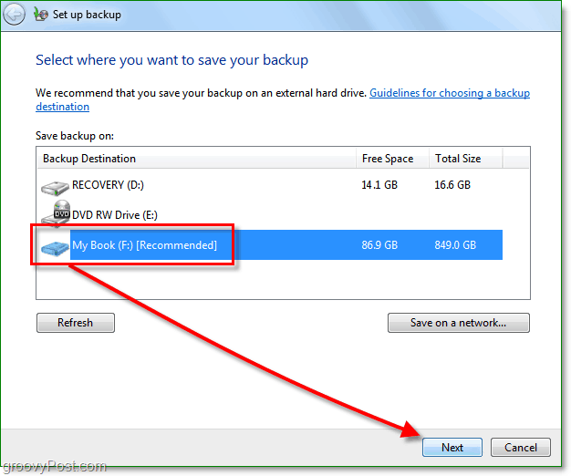 Backup do Windows 7 - selecione um local de backup