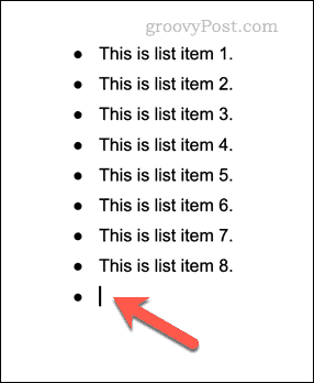 Exemplo de uma lista com marcadores no Google Docs