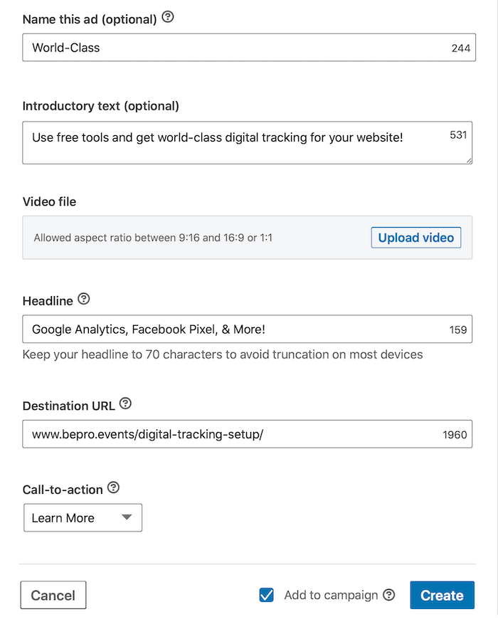 detalhes do anúncio do LinkedIn, incluindo nome, texto de introdução, arquivo de vídeo, título, url e apelo à ação, bem como o botão Adicionar à campanha marcado