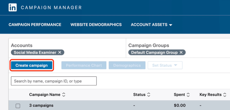 Botão Criar campanha no LinkedIn Campaign Manager