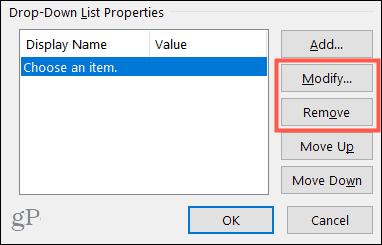 Modificar ou remover uma escolha de lista