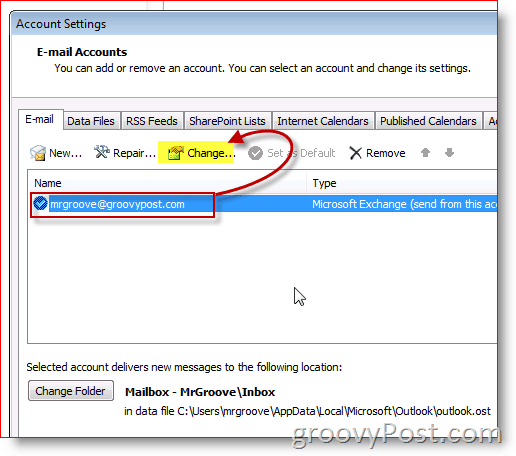 Captura de tela do Outlook 2010 alterar configurações de email