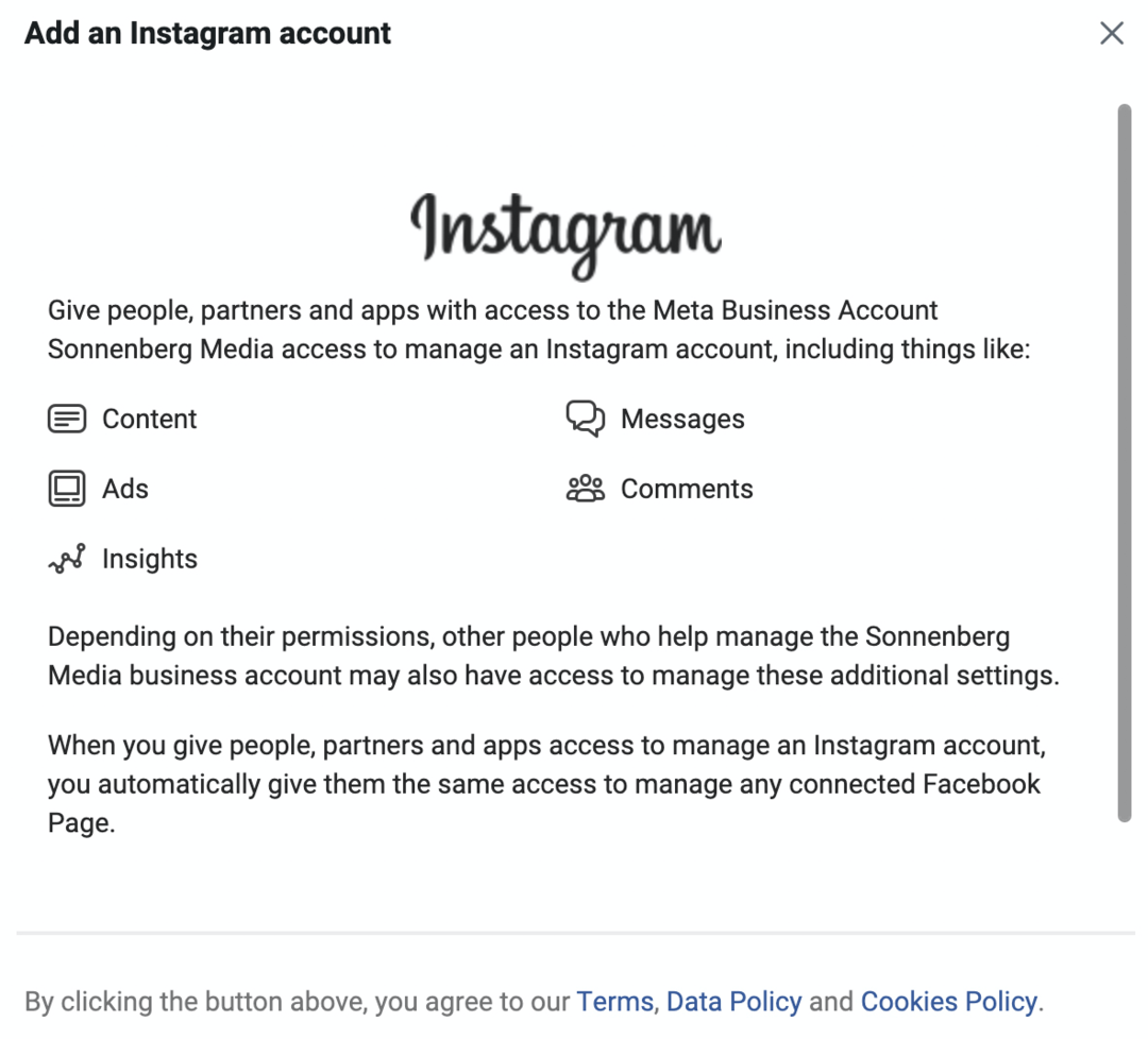 imagem da tela Adicionar uma conta do Instagram no Meta Business Manager