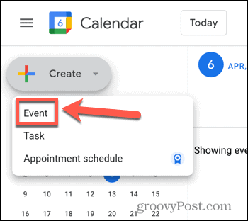 Captura de tela da opção de criação de evento do Google Agenda
