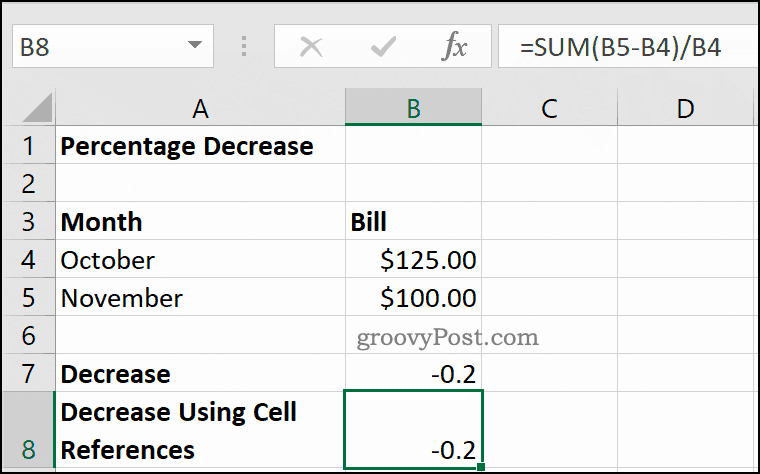 Um exemplo de porcentagem diminui no Microsoft Excel