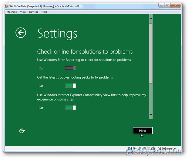 Soluções online de configurações de privacidade do VirtualBox Windows 8
