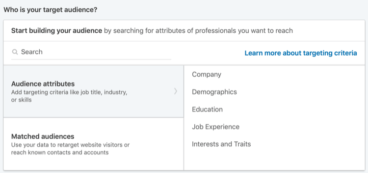 atributos de público para anúncios do LinkedIn
